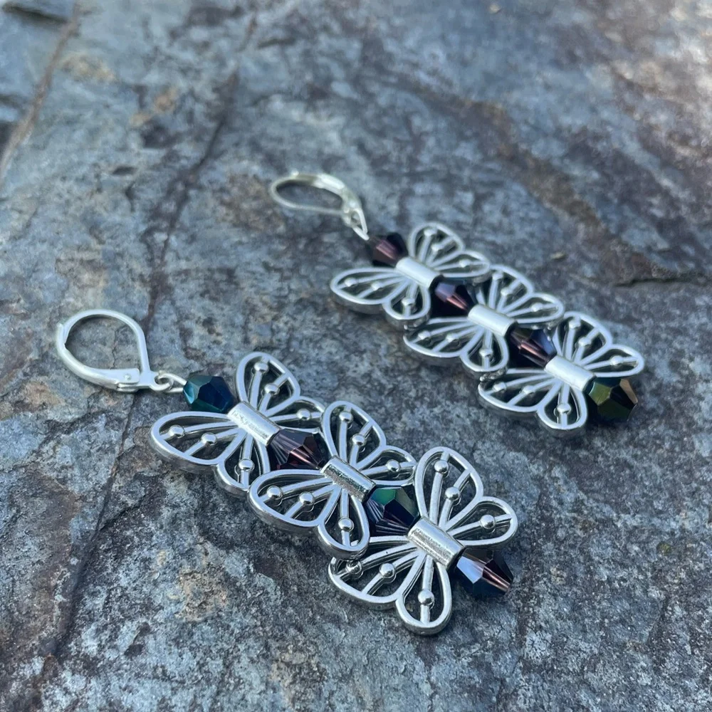 Silver Butterfly Dangly Crystal Drop Earrings